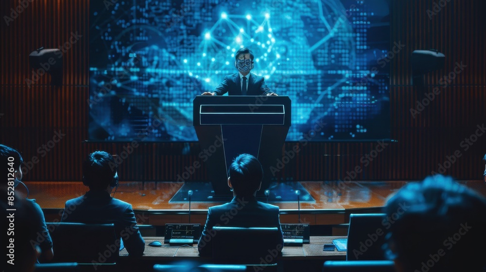 Poster a man stands at a podium in front of a large screen with a blue background. he is giving a speech to