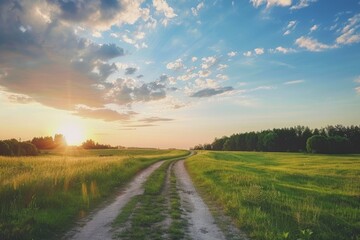 Naklejka premium Beautiful Evening Sky Above Rural Landscape With Country Road