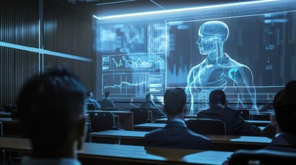 A group of people are sitting in a classroom and looking at a computer screen that shows a human body. Concept of curiosity and interest in the subject matter, as the people are focused on the screen