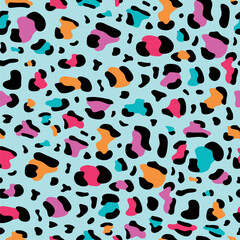 Vector Abstract Animal Skin Leopard Cheetah panther Colorful Fun Joy soft colors light blue background hand drawn illustration seamless pattern designed for womenswear fashionable.