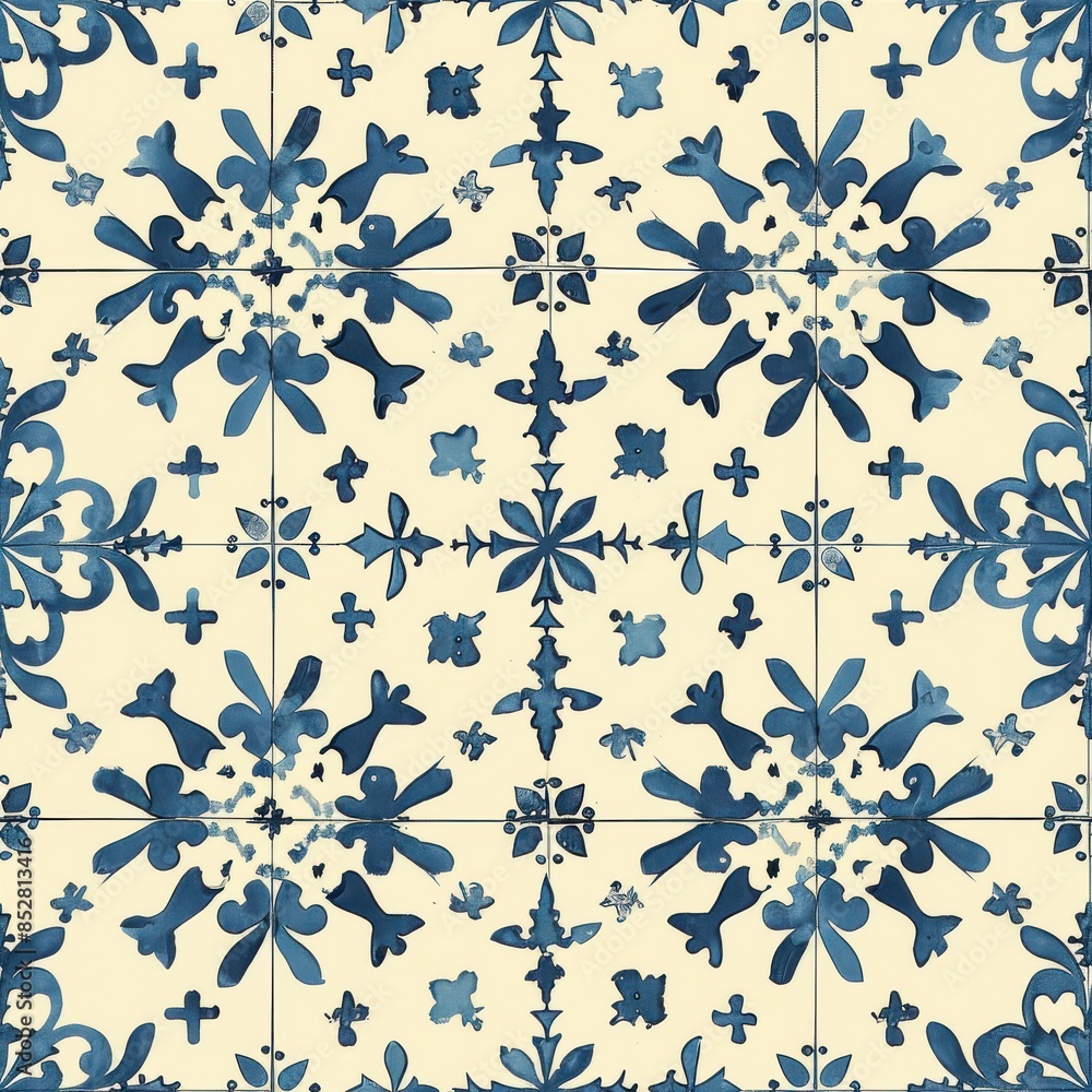 Poster This image features a close-up of a blue and white tile pattern. The pattern consists of various geometric shapes and floral motifs, creating a visually interesting and symmetrical design. The tiles a