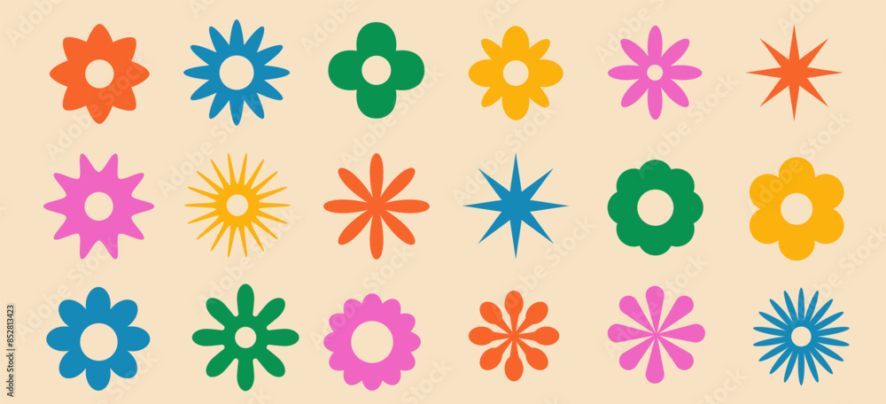 Aufkleber set of brutal geometric playful flower star shapes in minimalistic retro y2k style. brutalist basic 