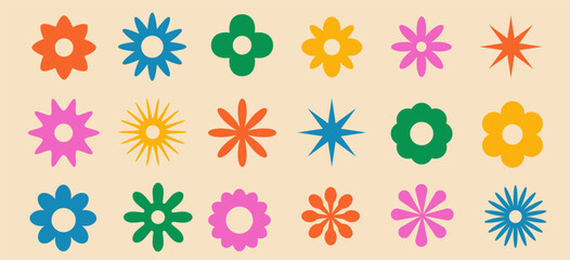 Set of brutal geometric playful flower star shapes in minimalistic retro y2k style. Brutalist basic figures. design elements.