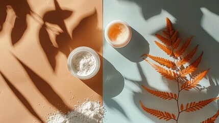 Autumn Skincare Concept: Moisturizer and Scrub with Colorful Leaves and Shadows. Generative ai