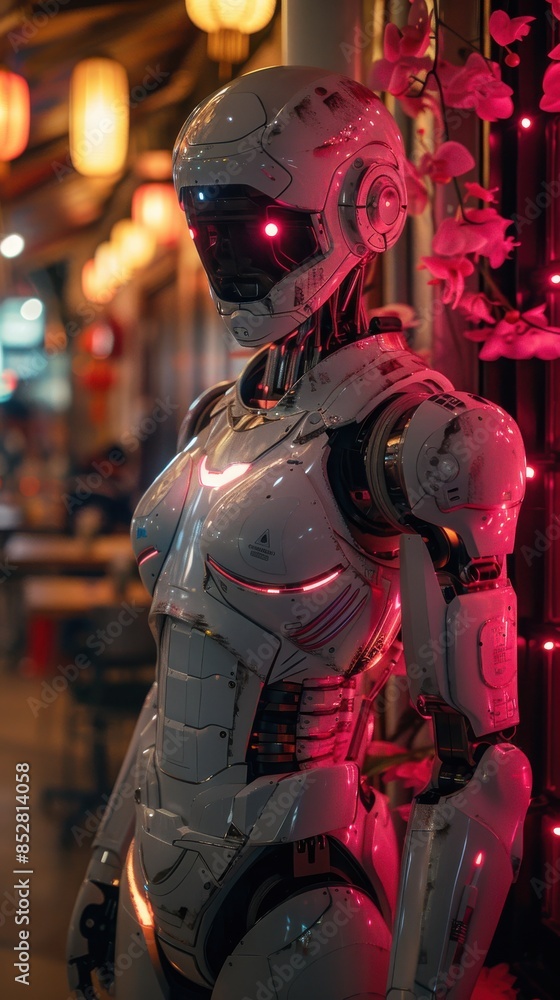 Poster a robot with glowing red eyes stands in front of a wall of pink flowers. the robot is wearing a whit