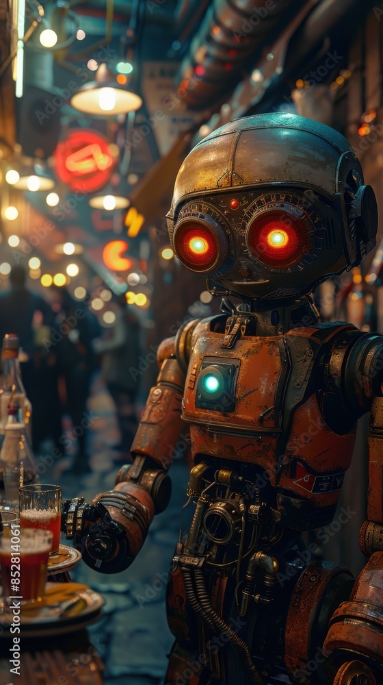 Poster a robot is standing in front of a table with a glass of beer in front of it. the robot is wearing a 