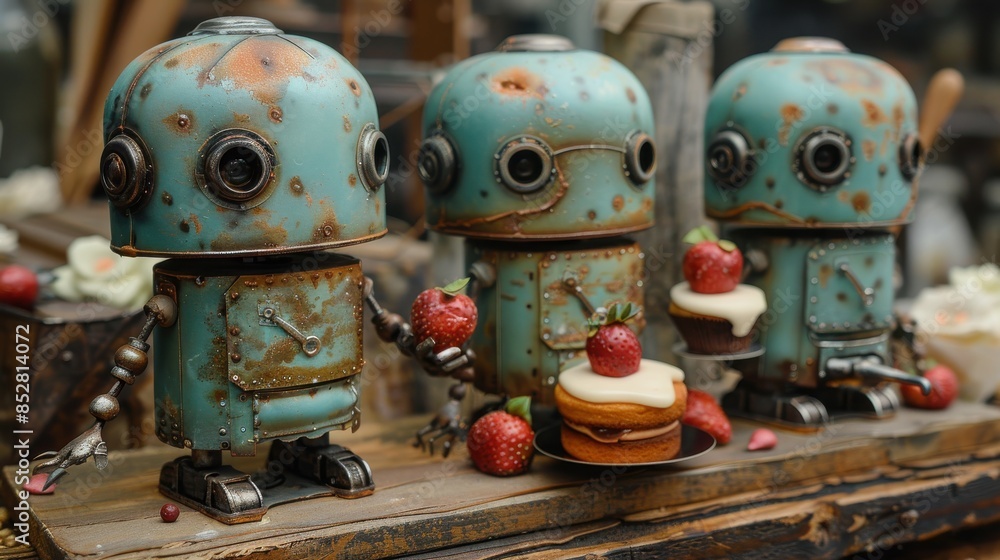 Poster four robots are holding strawberries and a cake. the robots are old and rusty, giving the scene a vi