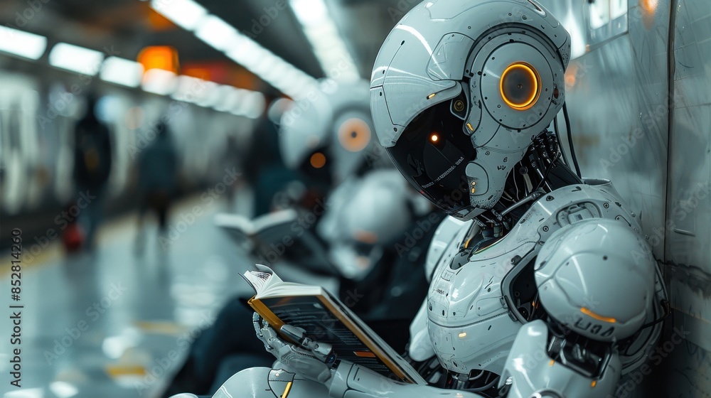 Poster a robot is sitting on a bench reading a book. the robot is white and has orange eyes. the robot is s