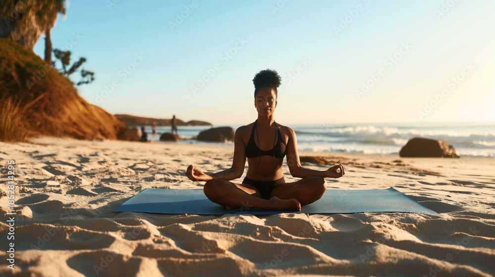 Sticker woman practicing yoga on a sandy beach at sunrise or sunset, seated in a meditative pose on a yoga m