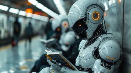 Fototapeta premium A robot is sitting on a bench reading a book. The robot is white and has orange eyes. The robot is surrounded by other robots and people. The scene is set in a subway station