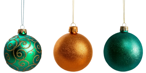 Green and golden Christmas balls on a transparent background.