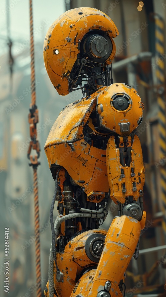 Aufkleber a yellow robot with a black face stands in front of a yellow building