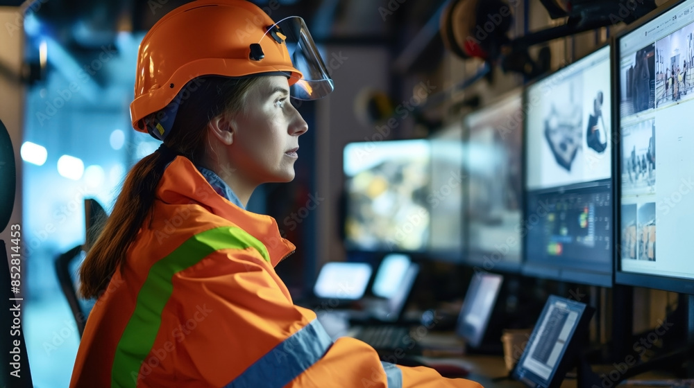 Wall mural female engineer in safety gear monitoring multiple screens at an industrial control room. - Wall murals