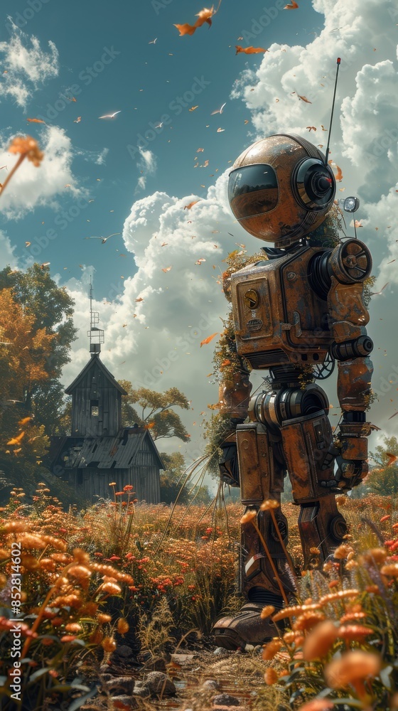 Fototapete a robot is standing in a field of flowers. the robot is wearing a helmet and has a radio on its head