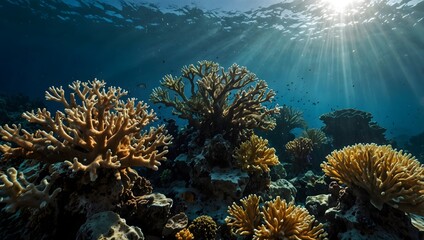 Fototapeta premium The dance of light and shadows on a coral reef in an underwater scene ai_generated