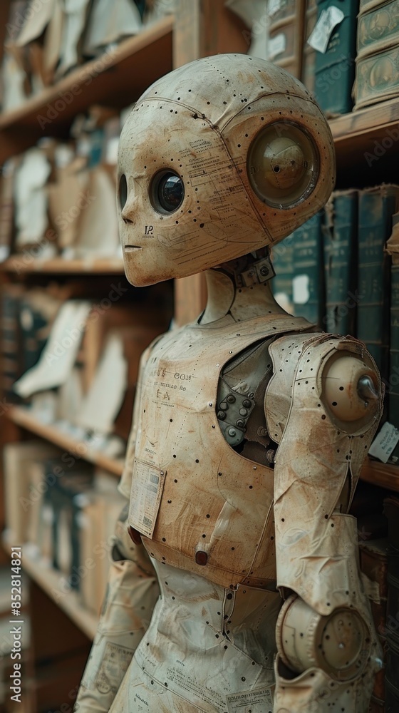 Fototapete A robot is standing in a library with books. The robot is made of paper and has a creepy face. Scene is eerie and unsettling