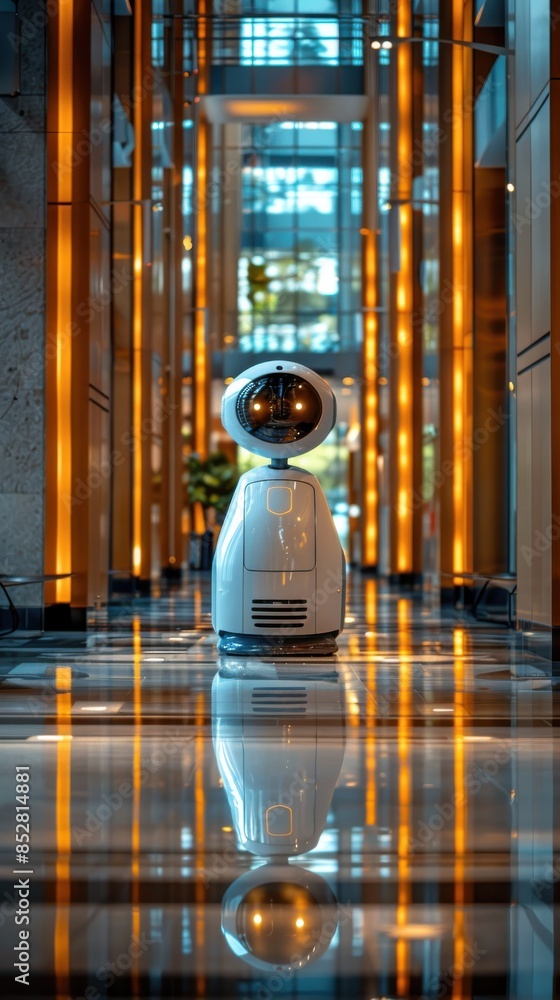 Poster a robot is standing in a hallway with a reflection of itself in the floor. the robot is white and ha