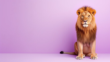 A cute lion sitting on a solid pastel purple background with space above for text, Generative AI © ftlupuper