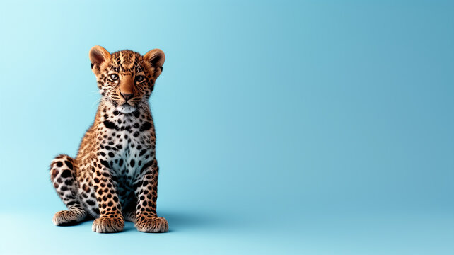 A cute leopard sitting on a solid baby blue background with space above for text, Generative AI