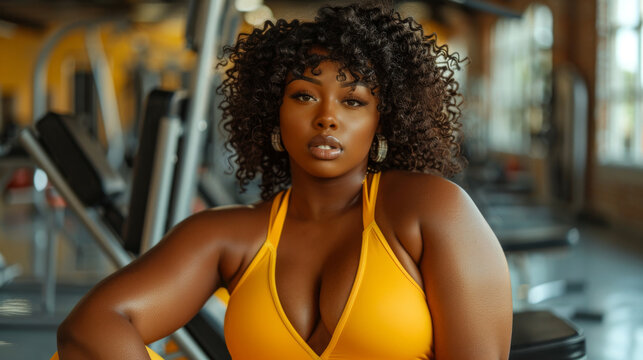 Black woman, fat body positive beauty, doing sports in the gym or fitness center. Motivation for a healthy lifestyle. Generative ai