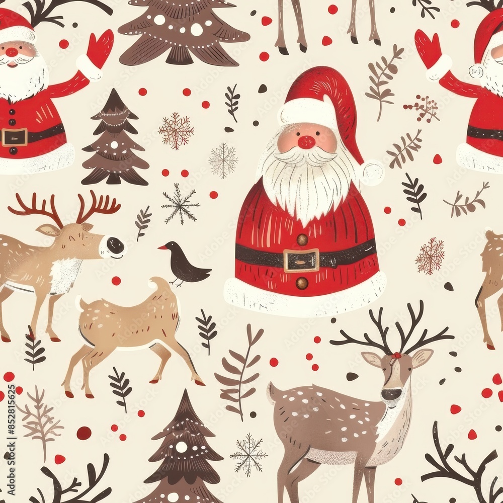 Poster a christmas scene with santa claus and deer. the deer are scattered throughout the image, with some 