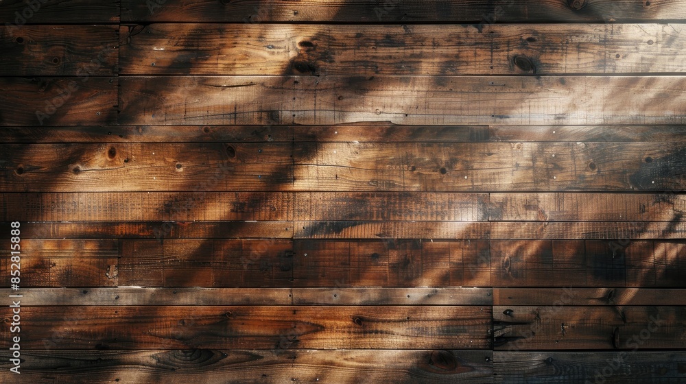 Poster top view of brown wooden desk with natural plank textures and light shining through background with 