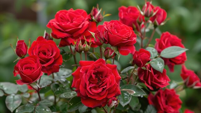 Lovely red roses adorning a rose bush and gathered into a stunning bouquet of red blooms