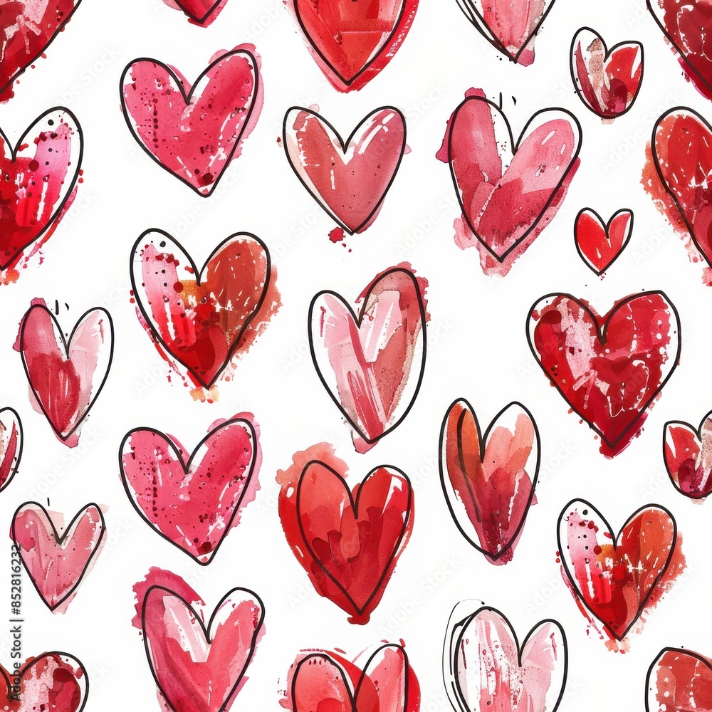 Aufkleber An illustration of a seamless pattern featuring multiple red hearts painted in watercolor and outlined in black. The hearts are various sizes and are set against a white background.