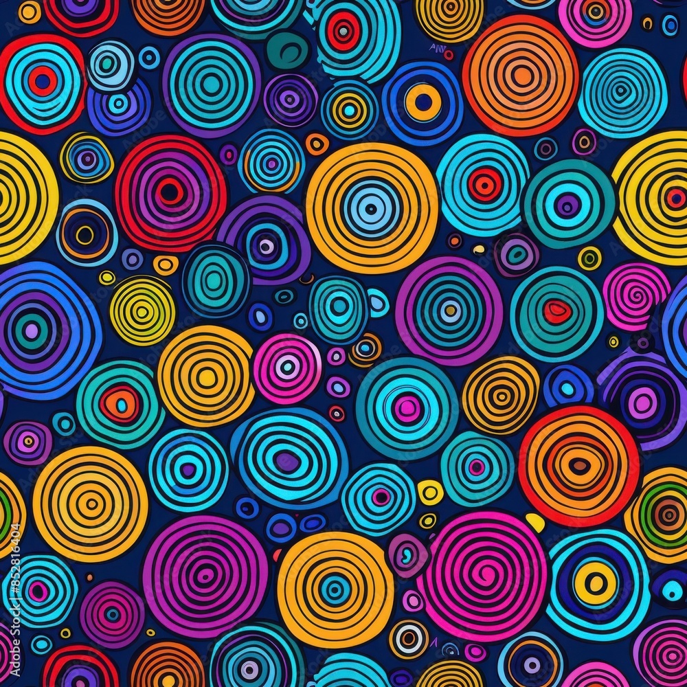 Aufkleber This image features a colorful pattern of concentric circles on a dark blue background. The circles are of various sizes and colors, including red, orange, yellow, green, blue, purple, and pink. The c