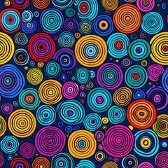 Fototapeta premium This image features a colorful pattern of concentric circles on a dark blue background. The circles are of various sizes and colors, including red, orange, yellow, green, blue, purple, and pink. The c