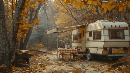 A small white camper with a checkered table and chairs is parked in a forest. The table is set with wine glasses and a bowl, and there is a fire pit nearby. The scene is peaceful and serene