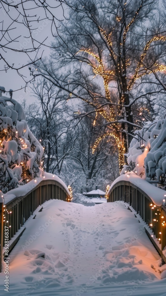 Poster a wooden bridge covered in snow with christmas lights strung along its railings. the bridge leads to