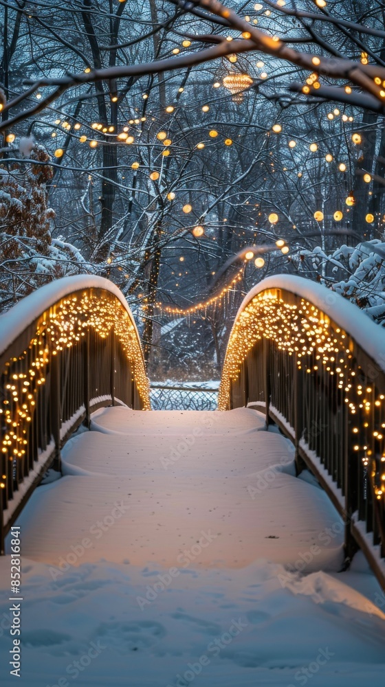 Poster a snow covered bridge adorned with twinkling lights stretches through a wintry forest. the bridge is