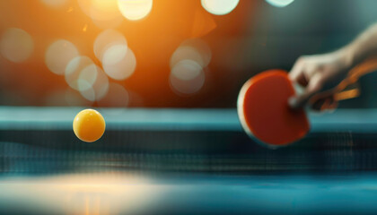 Table tennis player serving, focus on paddle and ball, with table backdrop, photorealistic, dynamic, indoor sports hall