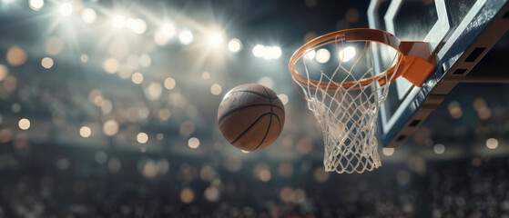 Basketball player making a slam dunk, focus on ball and hoop, with crowd in background, photorealistic, dynamic, sports arena