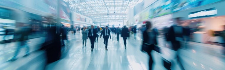 A blurred image of many people walking through a modern airport terminal, captured with a long exposure effect, creating a sense of movement and hustle. The bright, airy interior of the terminal is vi