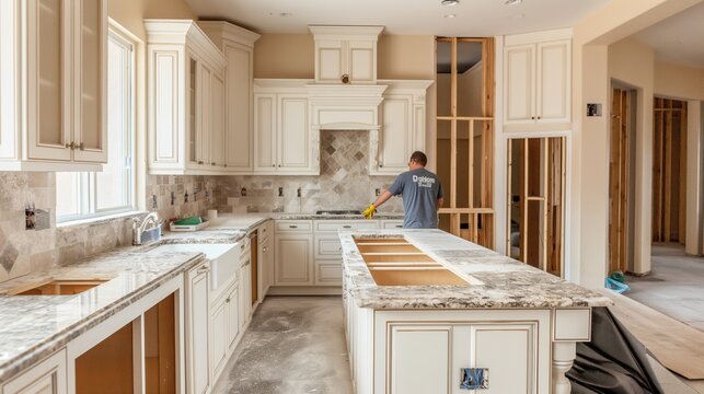 A worker installs marble countertops in a modern kitchen under construction with white cabinets and tiled backsplash.