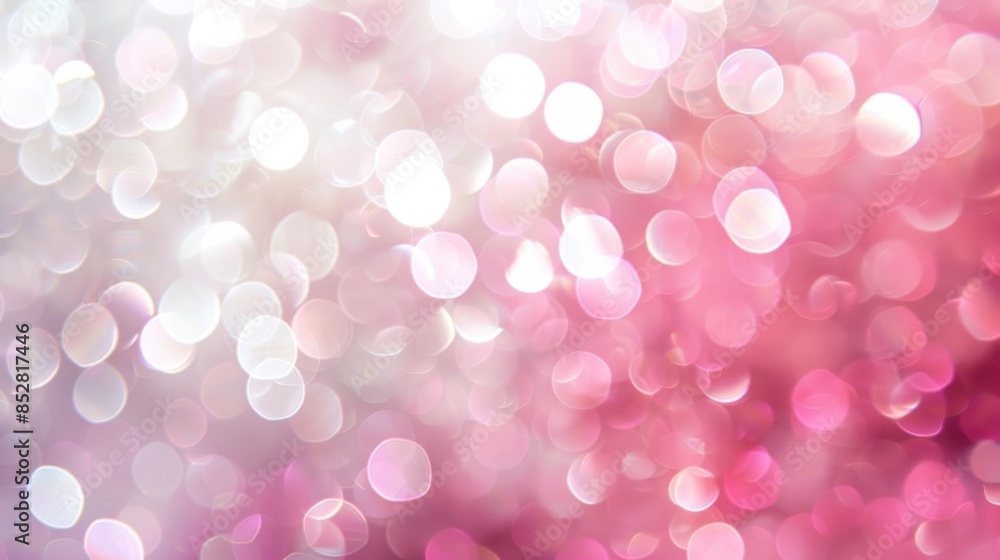 Aufkleber This image is a close-up abstract photograph of a blurred background with pink and white bokeh lights. The image is out of focus, creating a dreamy and ethereal effect. The bokeh lights are round and 