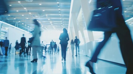A blurry image of people walking through a modern office lobby, suggesting a busy workday. The image is dominated by cool tones and emphasizes movement and a sense of forward progress.