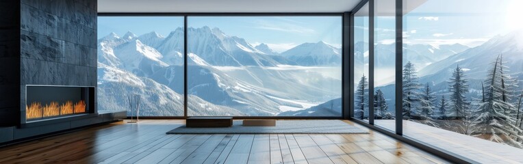 This image shows a spacious modern living room with large windows offering a breathtaking view of snow-capped mountains and a forest. A contemporary fireplace adds warmth to the room.