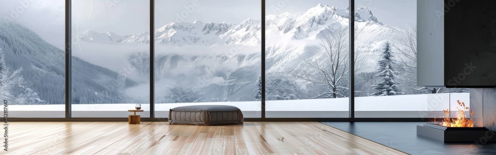 Poster a modern home with large windows looking out onto a snowy mountain landscape. the view is of a snowy