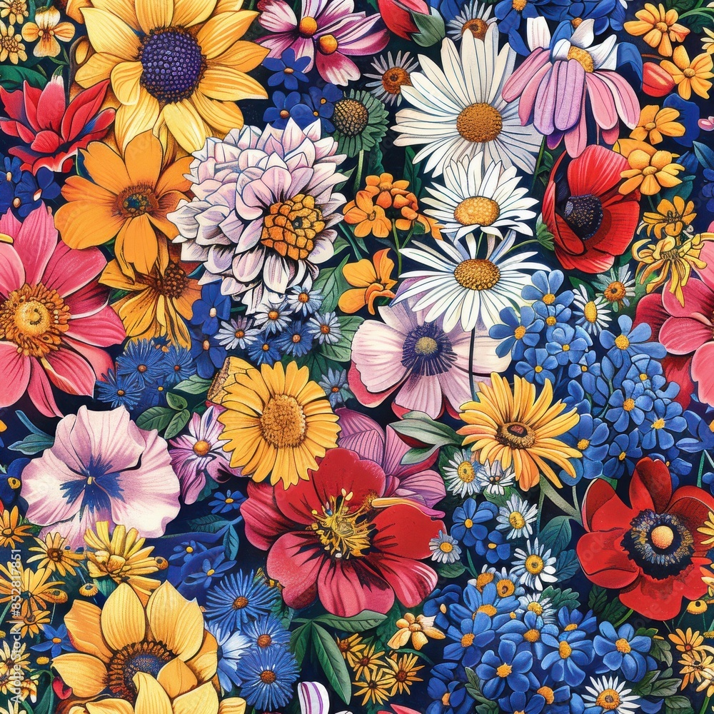 Poster This image features a beautiful, vibrant pattern of colorful wildflowers. The pattern is full of different types of flowers, including sunflowers, daisies, and poppies, all blooming in a lush, green m