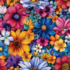 This image features a vibrant and colorful bouquet of wildflowers. The flowers are arranged in a dense cluster, showcasing a variety of colors and shapes. There are bright pinks, reds, oranges, yellow