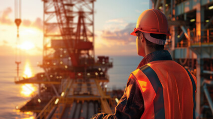 Offshore Worker Observing Sunset on Oil Rig Platform