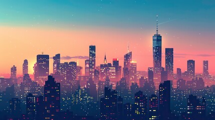 Fototapeta premium A city skyline at dusk, with the silhouettes of skyscrapers outlined against a gradient sky transitioning