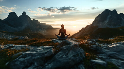 Person meditating on rocky terrain at sunset surrounded by mountains and grassy landscape, exuding tranquility and natural beauty.