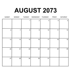 august 2073. monthly calendar design. week starts on sunday. printable, simple, and clean vector design isolated on white background.