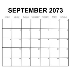 september 2073. monthly calendar design. week starts on sunday. printable, simple, and clean vector design isolated on white background.