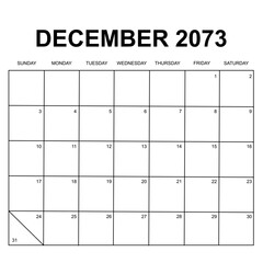 december 2073. monthly calendar design. week starts on sunday. printable, simple, and clean vector design isolated on white background.