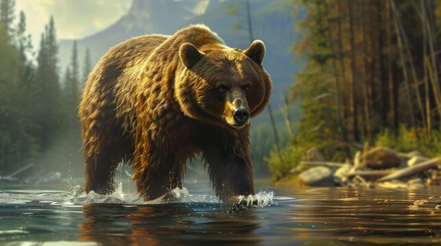 A majestic bear emerges from the depths of the wilderness commanding attention with its powerful presence thick fur that ripples in the breeze and sharp claws ready for action